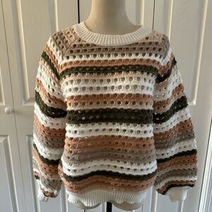 Lovelo Open-Knit Stripe Crew Sweater in White, Tan, Brown & Olive